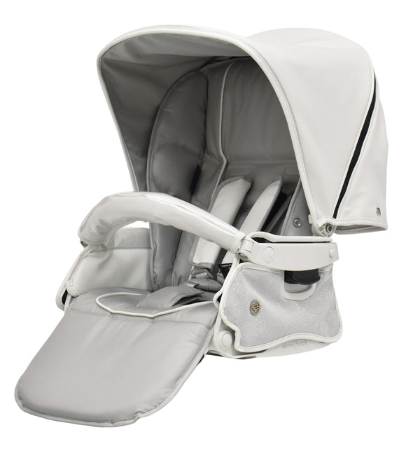 Bebecar stylo class privé white sparkle sleek modern baby stroller with soft white canopy and gray interior upholstery