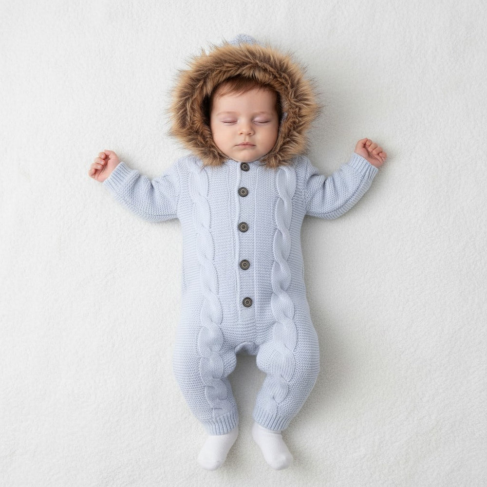 Baby Boys Fluffy Collar Knitted Pram Suit – Sky