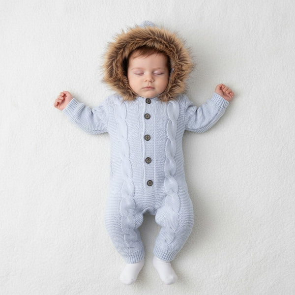 Baby Boys Fluffy Collar Knitted Pram Suit – Sky