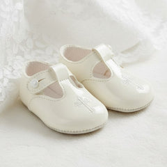 Christening Shoes Patent Ivory Embroidered Cross