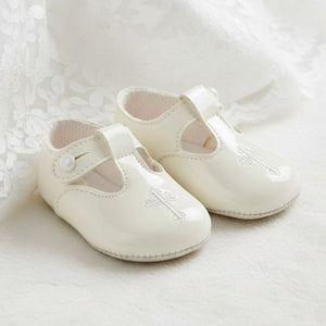 Christening Shoes Patent Ivory Embroidered Cross
