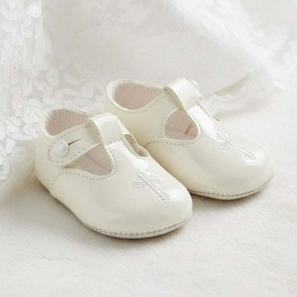 Christening Shoes Patent Ivory Embroidered Cross