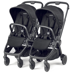 Black double stroller Peg Perego City Loop twin bundle with sleek design and durable fabric seats in true black
