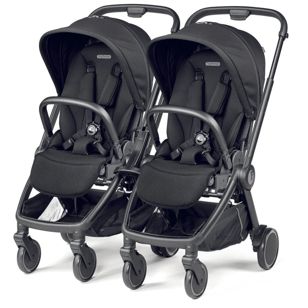 Black double stroller Peg Perego City Loop twin bundle with sleek design and durable fabric seats in true black