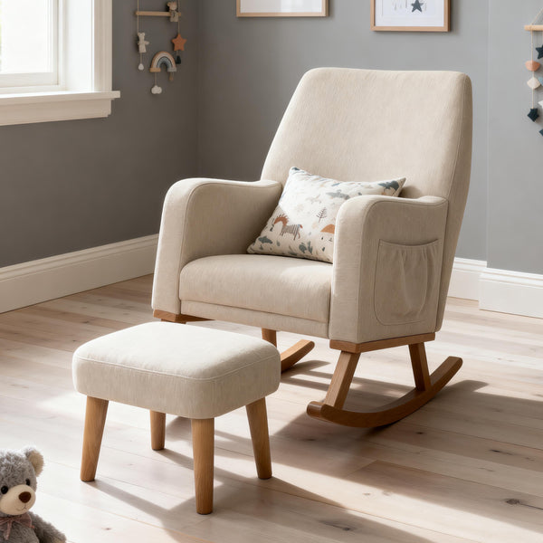 Babymore Callie nursing chair and stool in oatmeal with beige upholstery and wooden legs for comfortable rocking and support