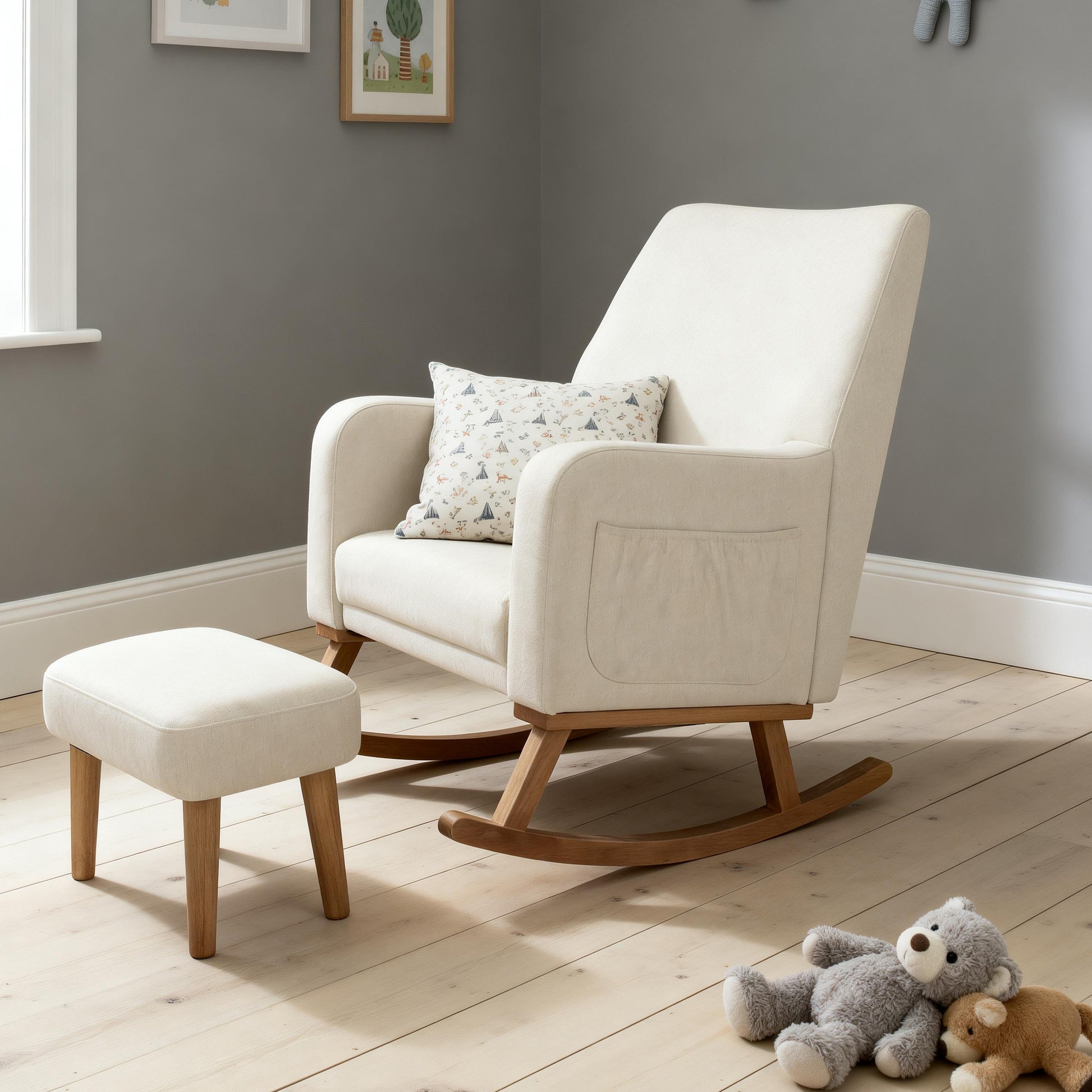 Cream-colored upholstered babymore callie nursing rocking chair with wooden rockers and matching ottoman stool ivory