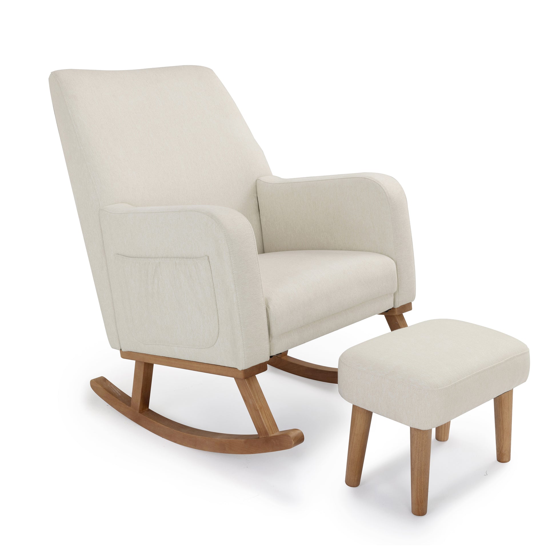 Babymore Callie nursing chair and stool with cream-colored upholstery and wooden legs featuring a matching ottoman