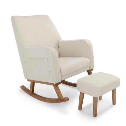Babymore Callie nursing chair and stool with cream-colored upholstery and wooden legs featuring a matching ottoman
