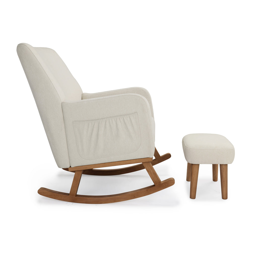 Babymore Callie nursing chair and stool ivory cream upholstered rocking chair with wooden rockers and matching ottoman