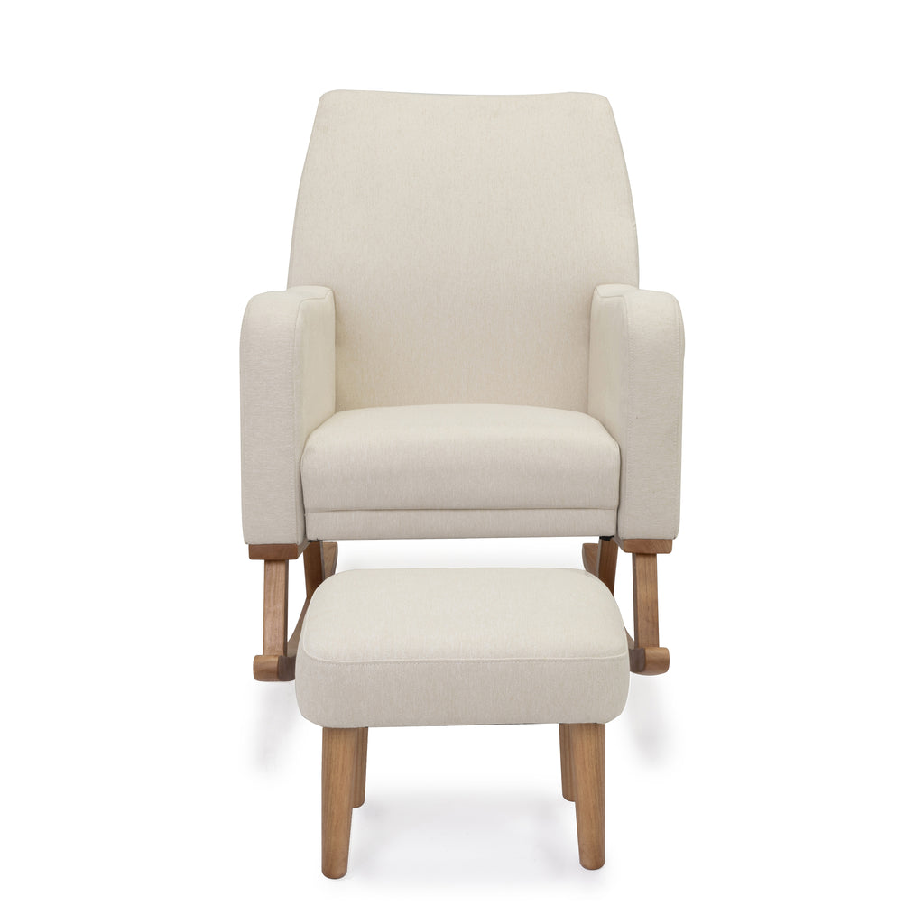 Babymore callie nursing chair and stool in ivory cream fabric with light wood legs and minimalist rocking design