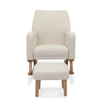 Babymore callie nursing chair and stool in ivory cream fabric with light wood legs and minimalist rocking design