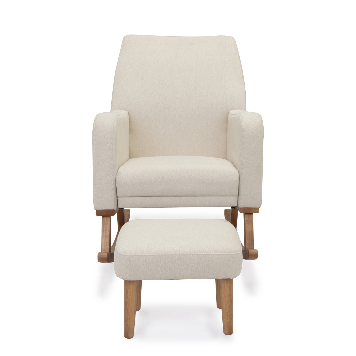 Babymore callie nursing chair and stool in ivory cream fabric with light wood legs and minimalist rocking design