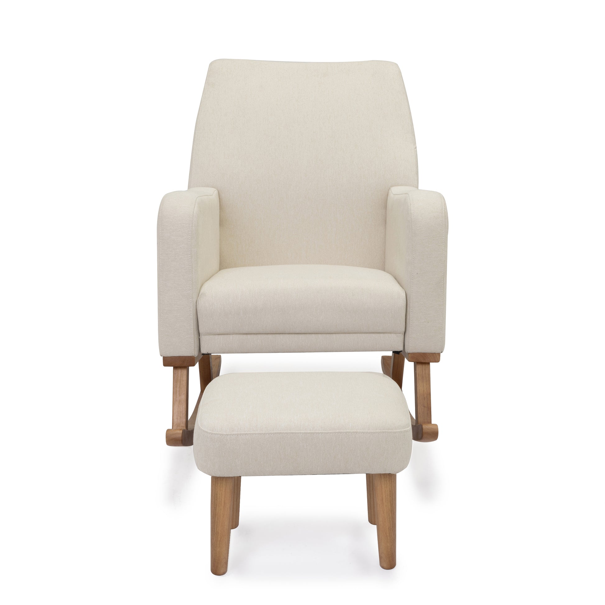 Babymore callie nursing chair and stool in ivory cream fabric with light wood legs and minimalist rocking design