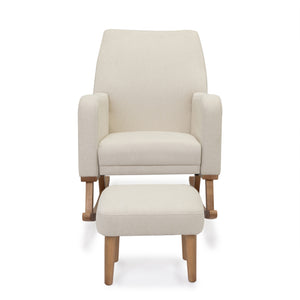 Babymore callie nursing chair and stool in ivory cream fabric with light wood legs and minimalist rocking design