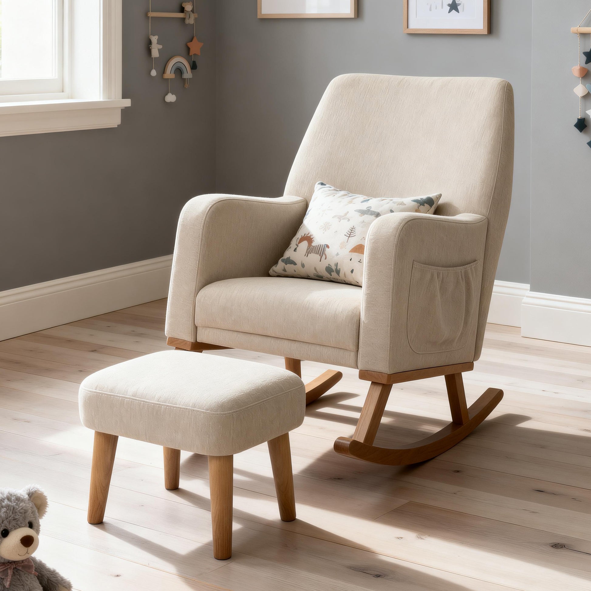 Beige upholstered Babymore Callie nursing rocking chair with wooden legs and matching ottoman for comfortable seating