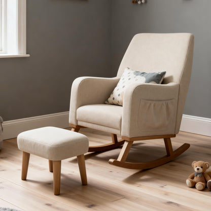 Babymore Callie nursing chair and stool in oatmeal beige with upholstered rocking chair and matching ottoman