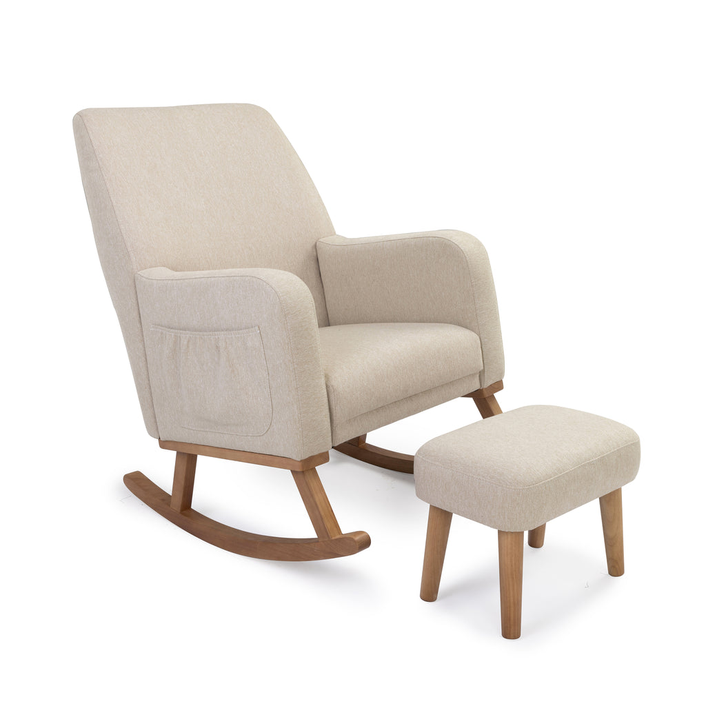 Babymore callie nursing chair and stool with beige upholstered rocking chair and matching ottoman in oatmeal color