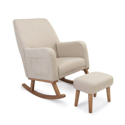 Babymore callie nursing chair and stool with beige upholstered rocking chair and matching ottoman in oatmeal color