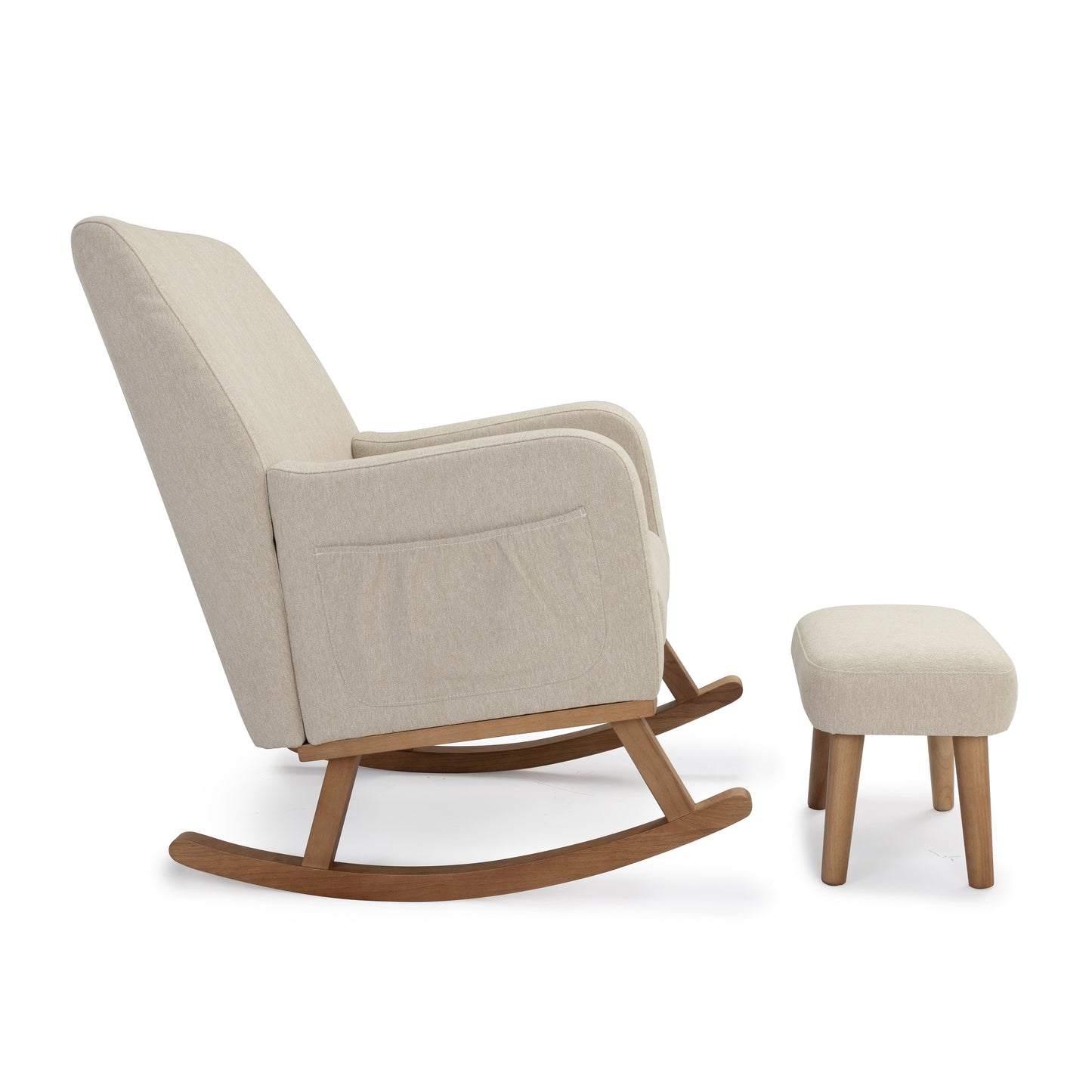 Babymore Callie nursing chair and stool oatmeal beige upholstered rocking chair with wooden rockers and matching ottoman