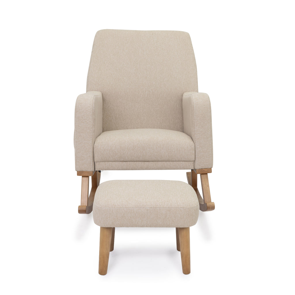 Babymore callie nursing chair and stool in oatmeal with beige upholstery light wood legs and modern minimalist design