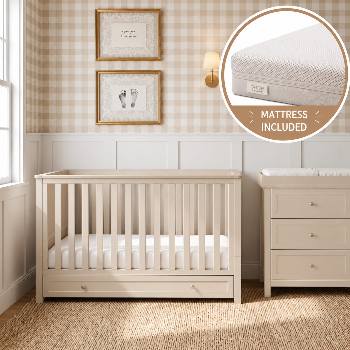 Bebe & Beyond Wanderer Cashmere and Oak cot bed with under-bed drawer and Classic Spring mattress included in bundle
