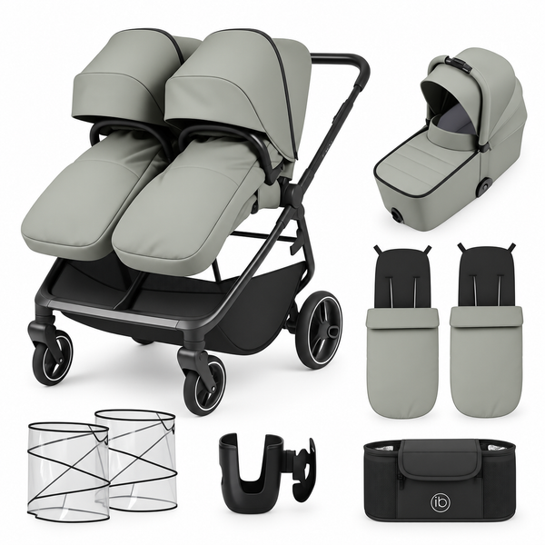 Ickle Bubba Altair Growing Families Double Stroller With Carrycot - Laurel Green