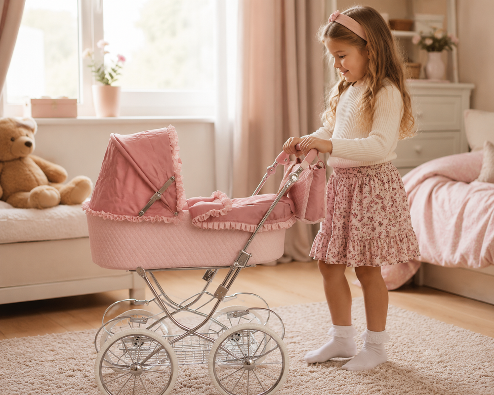 Roma Annie Classic Dolls Pram – Luxury Pink Dolls Pram for Ages 3 to 14