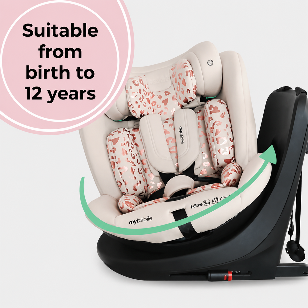 My Babiie MBCS300 Easy Spin Car Seat with Top Teather in Blush Leopard – Grows from Newborn to 12 Years