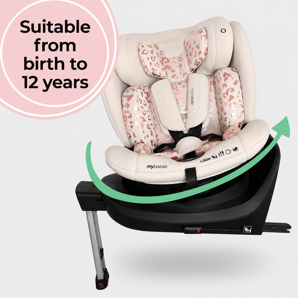 My Babiie MBCS400 Spin R129 Car Seat with Support Leg - Pink Leopard