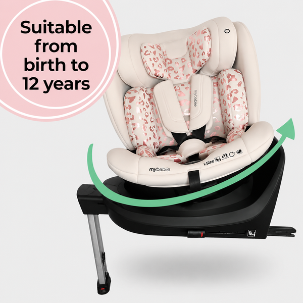 My Babiie MBCS400 Spin R129 Car Seat with Support Leg - Pink Leopard