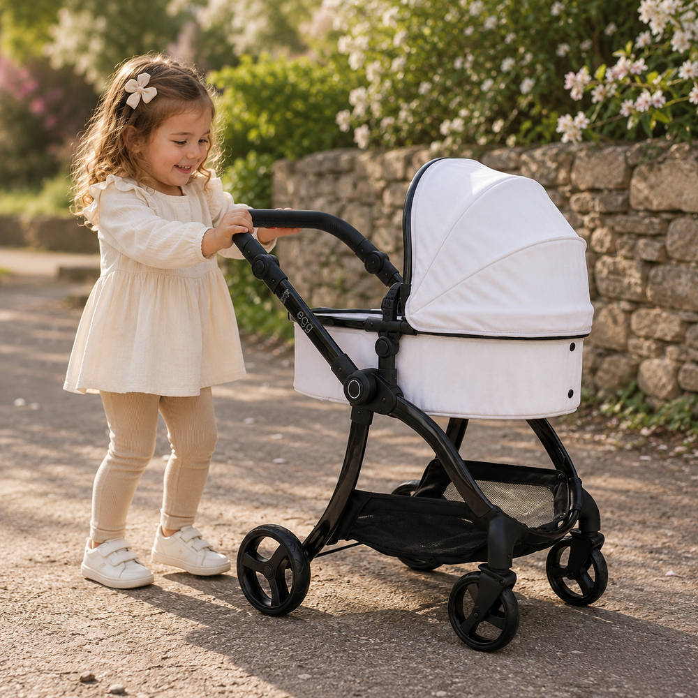 Egg Dolls Pram Houndstooth Silver – Luxury 2-in-1 Doll Pushchair (Age 3–10)