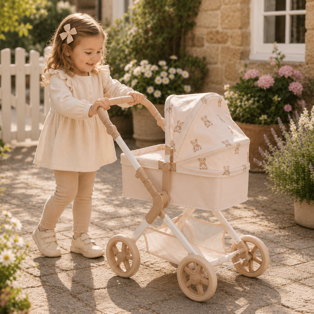 Roma Teddy Single Dolls Pram – Classic Teddy Print Pram for Ages 3+