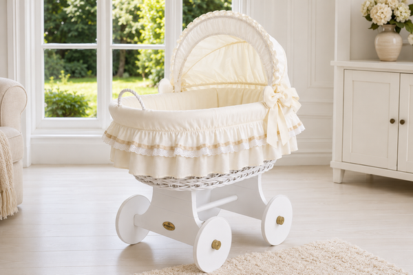 MJ Marks Luna White Wicker Crib with Cream Bedding
