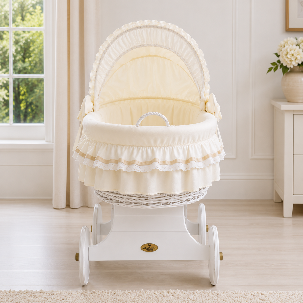 MJ Marks Luna White Wicker Crib with Cream Bedding