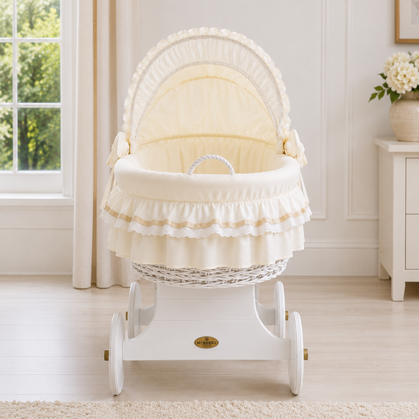 MJ Marks Luna White Wicker Crib with Cream Bedding
