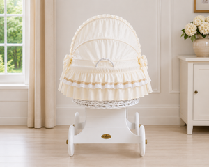 MJ Marks Luna White Wicker Crib with Cream Bedding