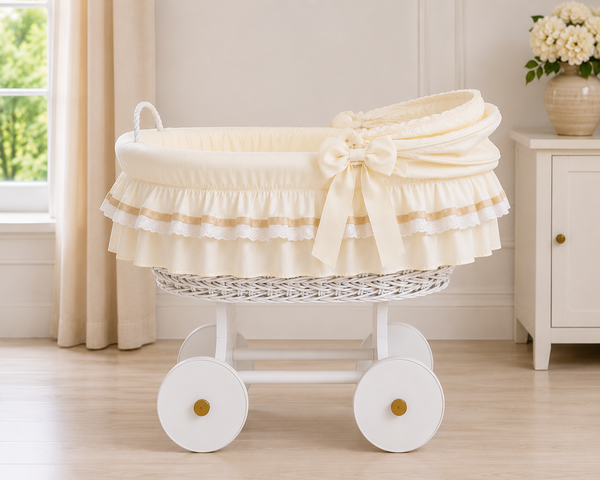MJ Marks Luna White Wicker Crib with Cream Bedding
