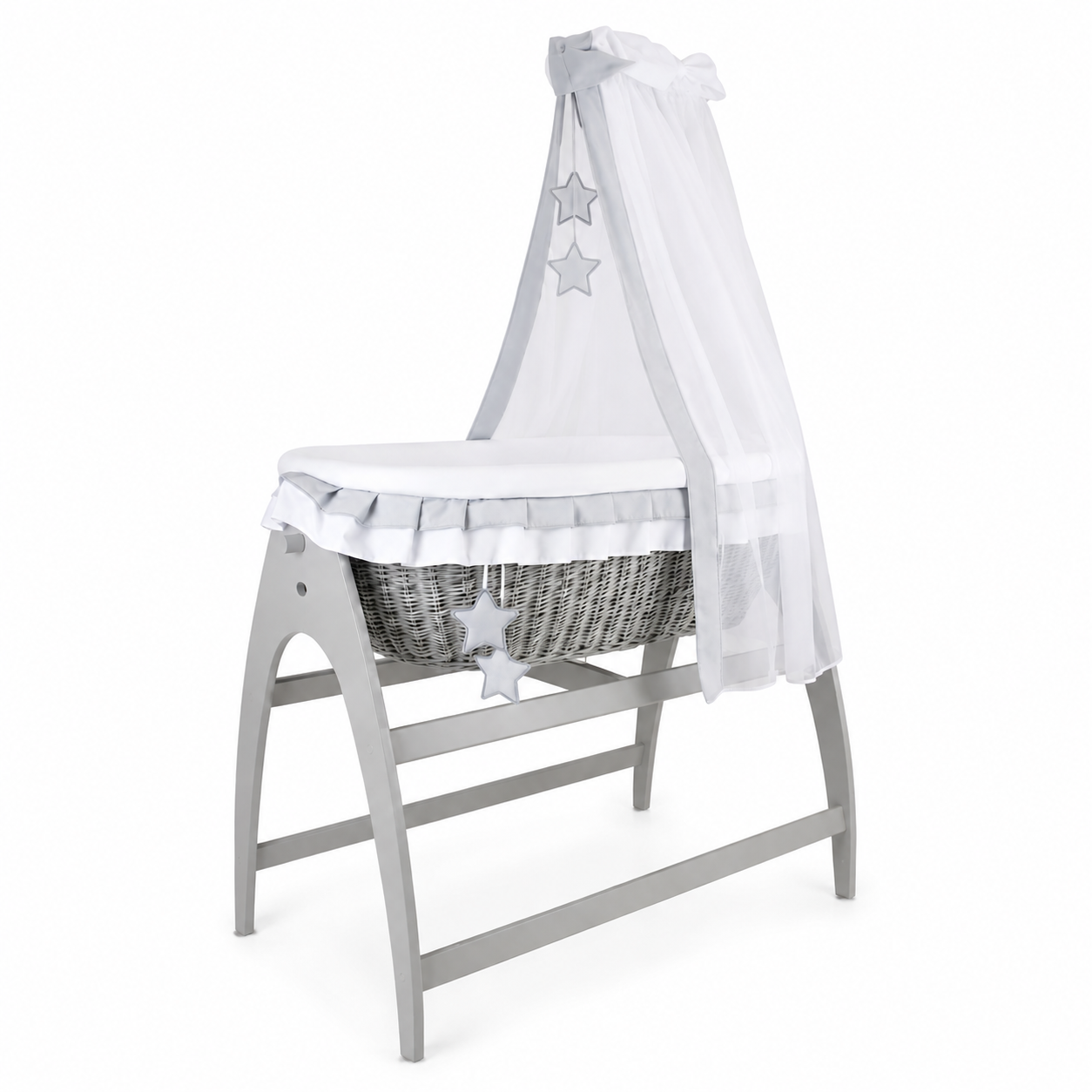 MJ Marks Miranda Grey Wicker Swinging Crib with Grey Stars Bedding & Drapes