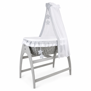 MJ Marks Miranda Grey Wicker Swinging Crib with Grey Stars Bedding & Drapes