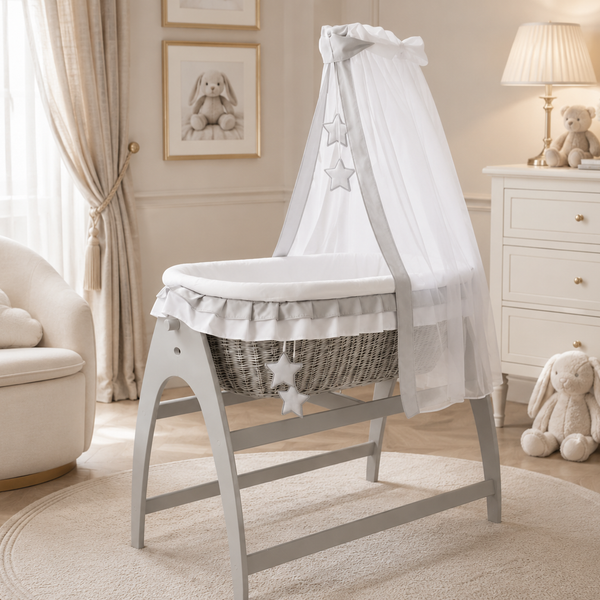 MJ Marks Miranda Grey Wicker Swinging Crib with Grey Stars Bedding & Drapes