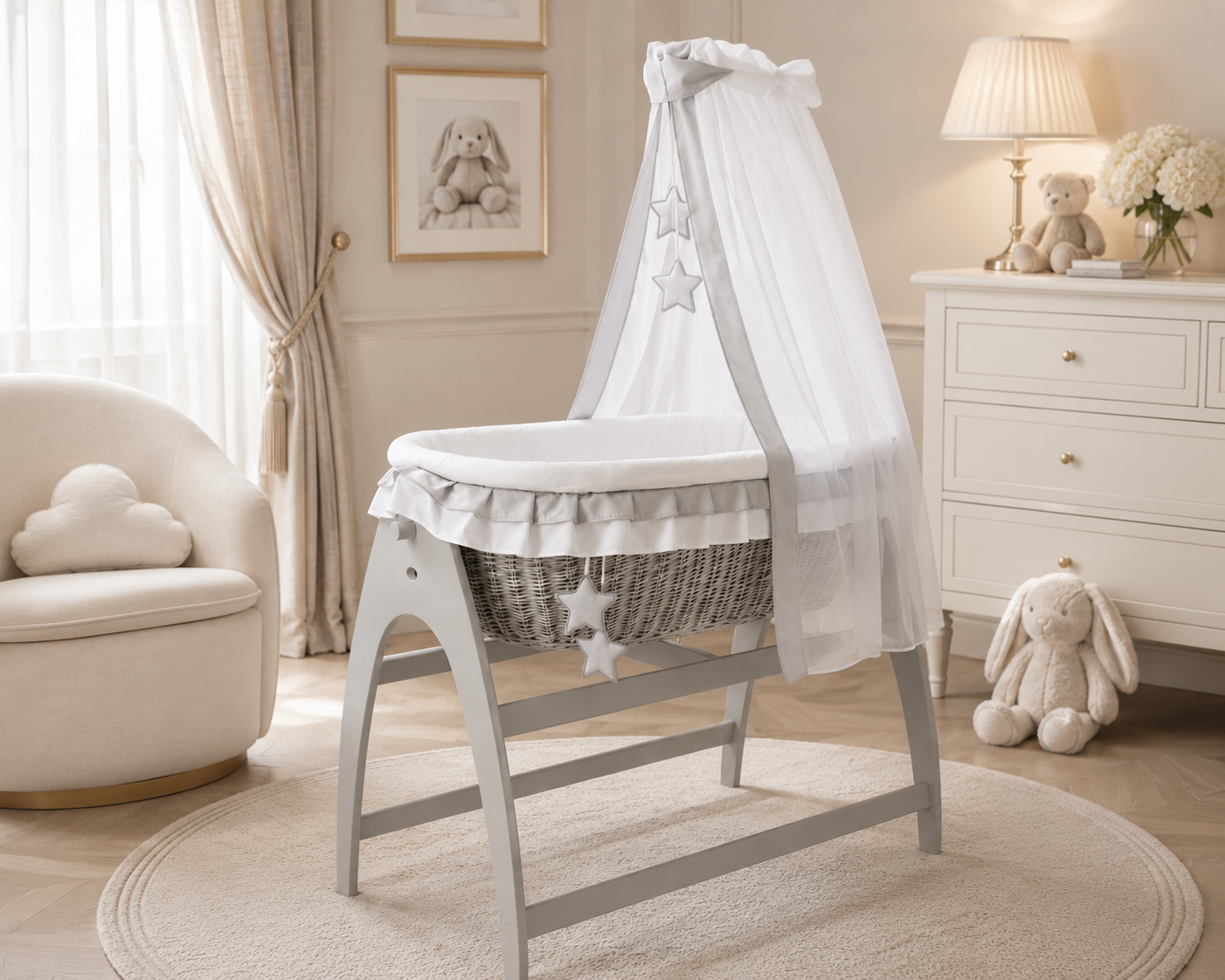 MJ Marks Miranda Grey Wicker Swinging Crib with Grey Stars Bedding & Drapes