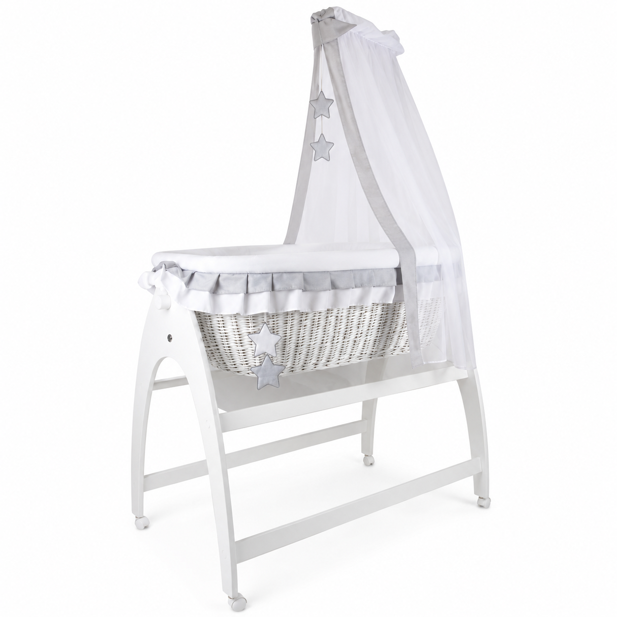 MJ Marks Miranda White Wicker Swinging Crib with Grey Star Bedding & Drapes