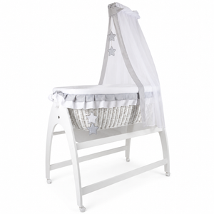 MJ Marks Miranda White Wicker Swinging Crib with Grey Star Bedding & Drapes