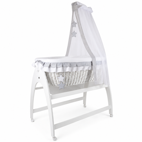 MJ Marks Miranda White Wicker Swinging Crib with Grey Star Bedding & Drapes