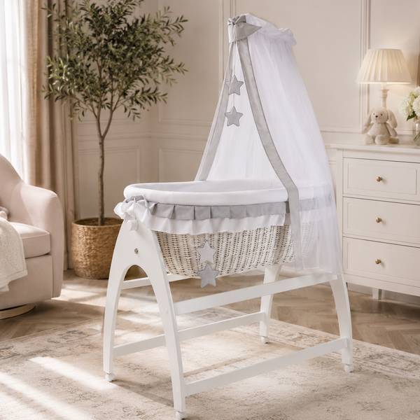 MJ Marks Miranda White Wicker Swinging Crib with Grey Star Bedding & Drapes
