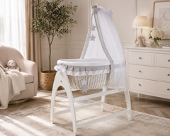 MJ Marks Miranda White Wicker Swinging Crib with Grey Star Bedding & Drapes