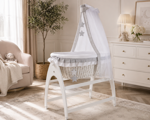 MJ Marks Miranda White Wicker Swinging Crib with Grey Star Bedding & Drapes