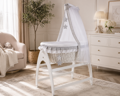 MJ Marks Miranda White Wicker Swinging Crib with Grey Star Bedding & Drapes
