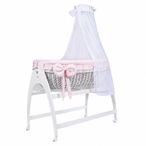 MJ Marks Miranda White Wicker Swinging Crib with Pink Lace Bedding & Drapes