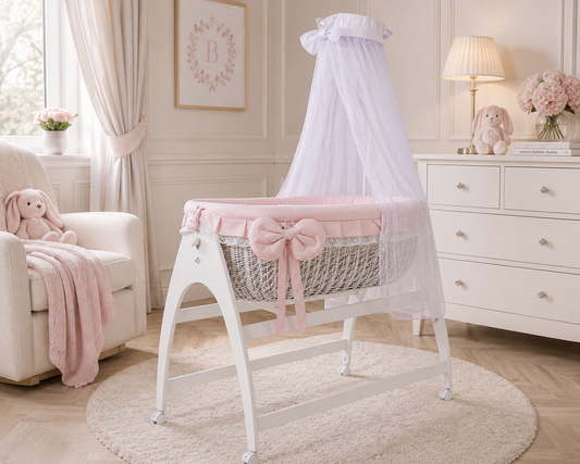 MJ Marks Miranda White Wicker Swinging Crib with Pink Lace Bedding & Drapes